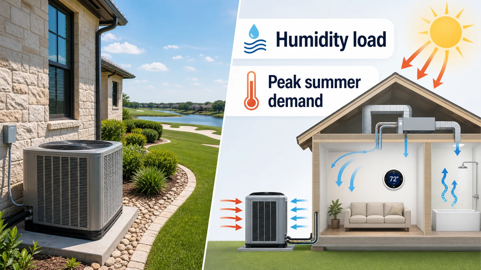 Educational diagram for hvac decordova showing Humidity load, Peak summer demand